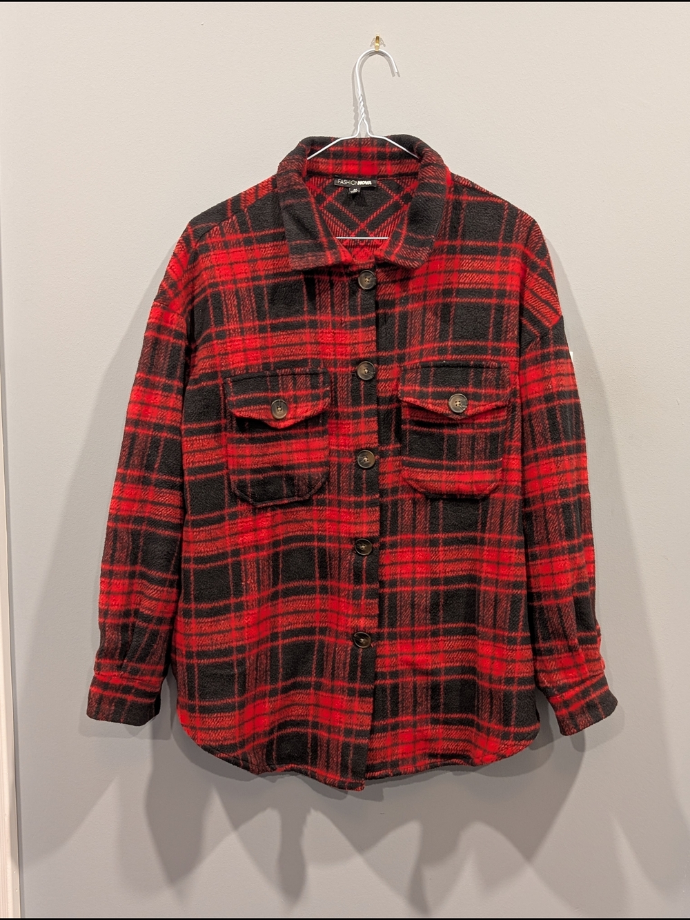 Fashion Nova Long Sleeve Red and Black Plaid Button Down Shirt/Jacket Size M